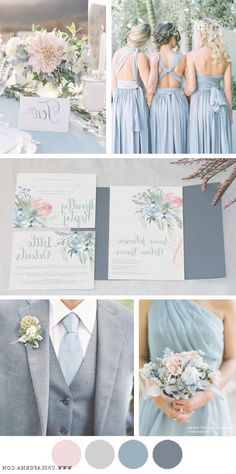 the wedding color scheme is blue and gray, with pink flowers on each side of the couple's dress