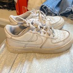 They Are A Youth 5 But Fit A Women’s 7-7.5 Would Look Brand New With A Cleaning. Minimal Creasing. Only Wore A A Couple Times But Worn At The Fair Hence Why So Dirty. Casual Nike Air Force 1 Sneakers, Casual Nike Air Force 1 With Round Toe, Casual Nike Air Force 1 Low-top, Dirty Shoes, White Tennis Shoes, The Fair, Nike White, Kids Nike, White Nikes