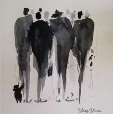 three people are standing next to each other in black and white watercolor on paper