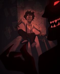 an animated image of a man sitting in front of a demon with his mouth open