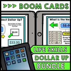 an image of some cards with money on them and the words boom cards written in green