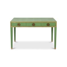 a green table with two drawers and gold trimmings on the top, against a white background