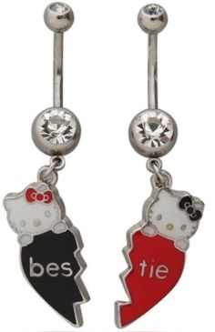 two dangling belly rings with hello kitty and the words bes tie on them