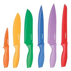 five different colored knives are lined up in a row