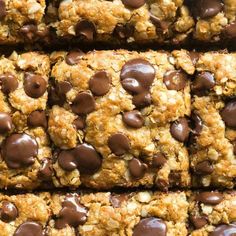 chocolate chip oatmeal cookie bars stacked on top of each other in rows