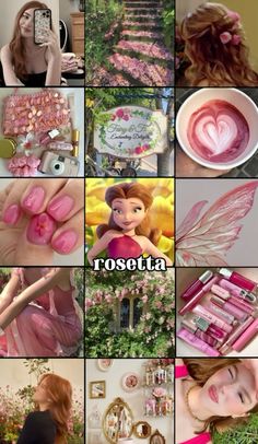 a collage of photos with pink flowers and fairy princesses on them, including the words rosetta written in cursive writing