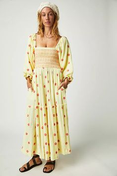 Dahlia Embroidered Maxi Dress | Free People UK Light Yellow Dresses, Bohemian Floral Dress, Club Party Dress, Bohemian Summer Dresses, Spring Maxi Dress, A Line Maxi Dress, Club Party Dresses, Bohemian Maxi Dress, Embroidered Maxi Dress