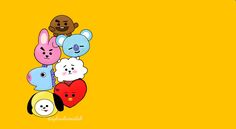 a bunch of cartoon characters hanging from the side of a yellow wall with an emoticive expression on it