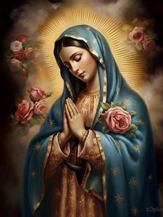 the immaculate mary with roses on her chest and hands folded in front of her face