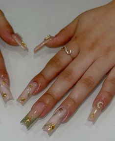 long sage french tip with gold star charms Nail Designs With Gold Charms, White Nails With Gold Charms, French Tip With Gold Design, Sage And Gold Nails, Sage Green And Gold Nails, French Tip Nails With Charms, French Tip With Gold, Sage Nails, 15 Nails