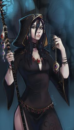 a woman dressed as a witch holding a wand and wearing a black outfit with red beads