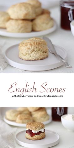 english scones with raspberry jam and freshly whipped cream are on plates next to each other