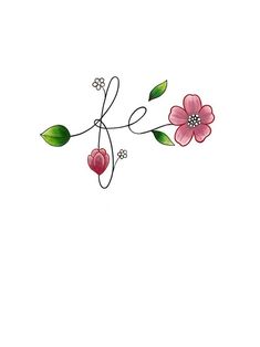 a drawing of two flowers with green leaves on the stems and one pink flower in the middle