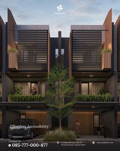 an apartment building with plants growing on the balconies