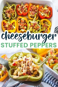 cheeseburger stuffed peppers in a white casserole dish with text overlay