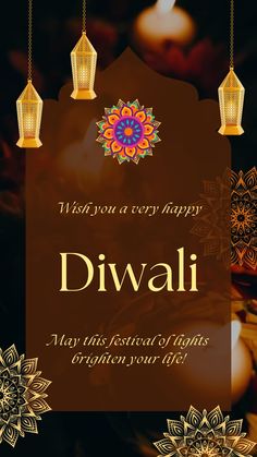 a happy diwali greeting card with lanterns