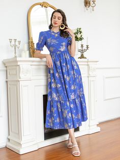 Blue Elegant  Short Sleeve Polyester Floral All Over Print A Line  Non-Stretch Spring/Summer Women Dresses Casual Style Outfits, Women Dresses, Simple Dresses, Dress P, All Over Print, Summer Women, Casual Style, A Line Dress, Short Sleeve Dresses