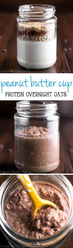 peanut butter cup protein overnight oats in a jar