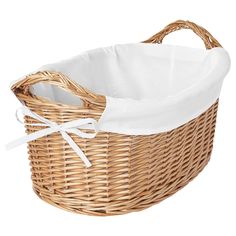 a large wicker basket with white lining