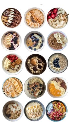 an array of different types of cereals and other food items in bowls on a white background