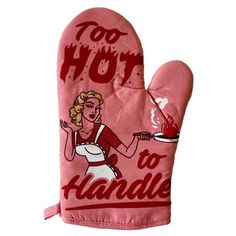 a pink oven mitt with an image of a woman cooking