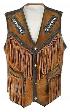 100% Leather Button Fly closure Western Fringe Vest For Men are made of genuine high quality Suede Leather which is soft, thin and comfortable. Western style shirt is made in black ,Red, Blue and brown colors. Cowboy Western Fringes and bones vest is for western style .Good quality leather-wear vest for Cowboy look. 100% Real Leather. Excellent stitching through out with maximum durability. Top quality workmanship ,100% cotton inner lining. All jackets in same style only colors of jacket and fri Cowboy Leather Jacket, American Indian Clothing, Beaded Vest, Vest For Men, Western Style Shirt, Women Hats Fashion, Fringe Vest, Western Jacket, Leather Jacket Style