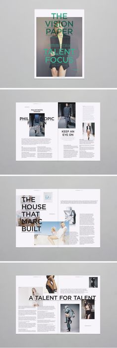 three pages with different images and text on them, one is white and the other is gray