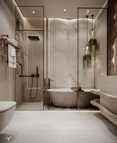 a bathroom with a bathtub, sink and shower in the middle of the room