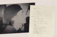 a black and white photo of a woman's profile next to a handwritten note