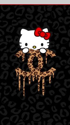 a hello kitty wallpaper with leopard print and dripping paint on the bottom half of it