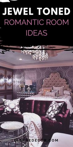 a bed sitting in the middle of a bedroom next to a chandelier above a purple couch