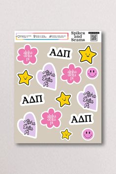 the sticker sheet has pink, yellow and purple hearts with stars on them in different languages