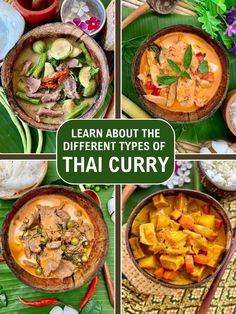 the different types of thai cuisine are shown in this collage with text overlays