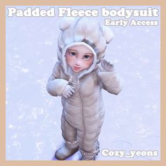 a small child dressed in winter clothing and holding a cell phone to their ear with the caption, padded fleece bodysuit early access