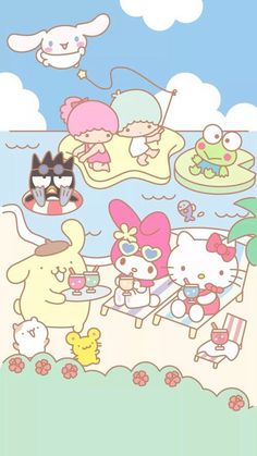 an image of hello kitty on the beach with other cartoon characters and animals in the background