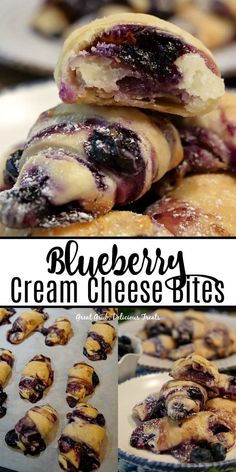 blueberry cream cheese bites are stacked on top of each other and ready to be eaten