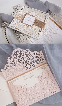 the wedding stationery is set up with pink and white paper, gold glitter accents