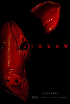 the poster for jigsaw shows two red pigs with their heads turned to look like they are facing each other