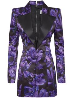 black/purple all-over floral print contrasting lapels plunging V-neck concealed rear zip fastening long sleeves buttoned cuffs straight hem thigh-length Purple Floral Print, Chic Leather, Black Tweed, Philipp Plein, Purple Rain, Flower Dresses, Purple Floral, Cocktail Dress Party, Pretty Dresses