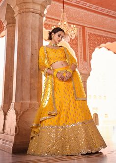 Yellow Mirror, Sari Lehenga, Mirror Work Lehenga, Yellow Mirrors, Silk Lehenga Choli, Mirror Work Blouse