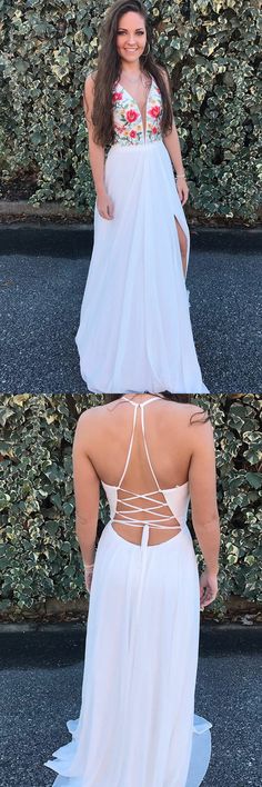 Beauty Flowy White bordado con cuello en V vestidos de baile vestidos de fiesta Backless Prom Dress With Lace Bodice, White Formal Dress With Lace-up Back, White Backless Evening Dress For Prom, White Backless Evening Dress For Prom Season, White Backless Banquet Dress, White Backless Dress For Banquet, White Maxi Dress With Lace-up Back, White Backless Prom Gown, Backless Chiffon Dress For Prom