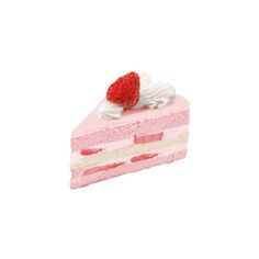 a piece of pink cake with white frosting and a strawberry on top is shown