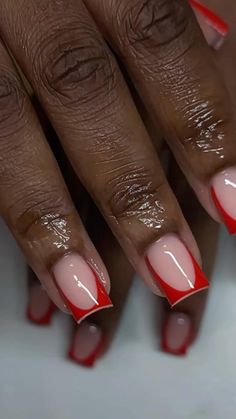 Simple Short Christmas Nails Square, Simple Red French Tip Nails, Red Medium Nails Acrylic, 777 Angel Number Nails Design, Short Nails Christmas Ideas, Short Square Red French Tip Nails, December Nails Short Square, Red Acrylic Nails Medium Length, Red Bottom Nails Short