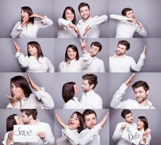 a man and woman posing for pictures with the words save written on their faces in different ways