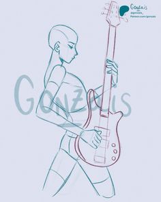 a drawing of a person holding a guitar in one hand and playing an electric guitar in the other