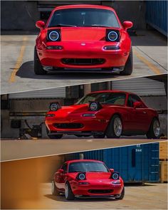 the front and side view of a red sports car in three different shots, with one showing