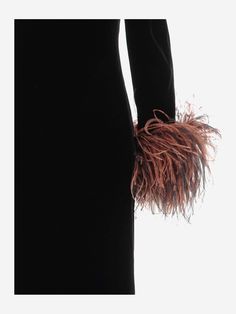 Dress made of viscose blend Bateau neckline Long sleeves Feather detail cuffs Black Made in Italy Composition: 82% viscose, 18% silk Barbour Steve Mcqueen, Alessandra Rich, Zegna Shoes, Bateau Neckline, Marine Serre, Gorgeous Bags, Crossbody Tote, Yoga Wear, Luxury Fabrics