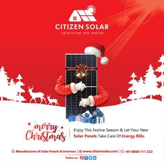 a flyer for a solar company with santa hats and gifts on it, in front of a red background