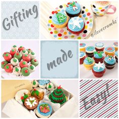 a collage of different decorated cupcakes and cakes