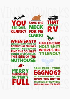 cross stitch pattern with christmas sayings and holiday symbols in red, green, and white